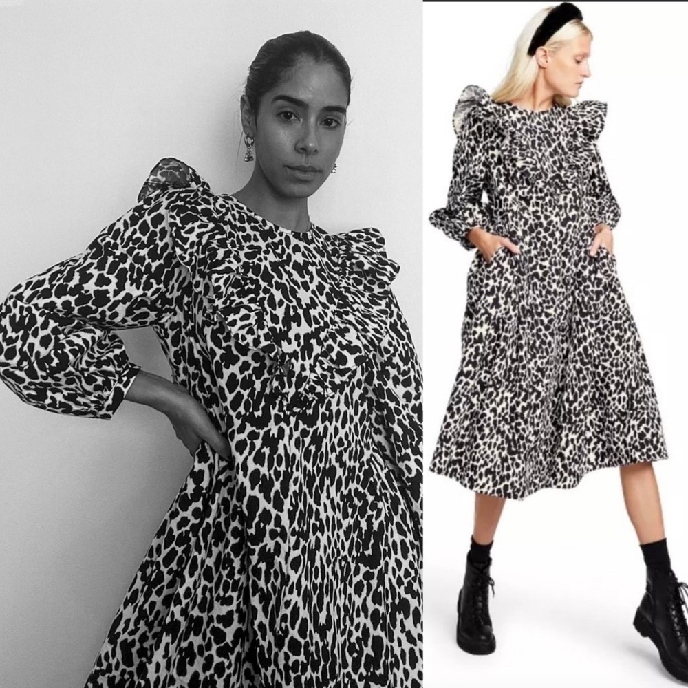 Sandy Liang x Target Leopard Print Long Ruffle Sleeve Midi Animal Dress Cotton